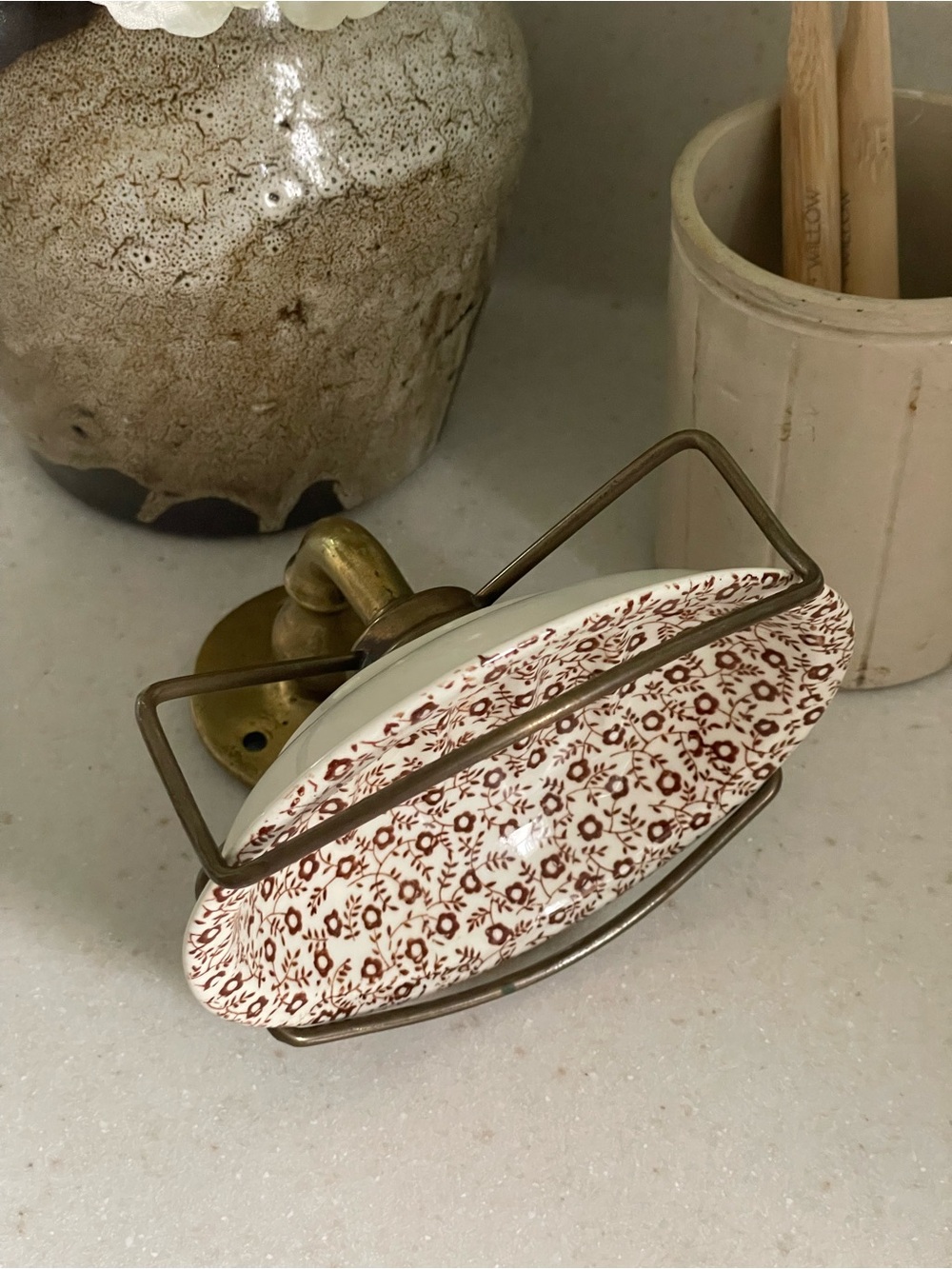 Vintage brass wall mount with ironstone soap dish